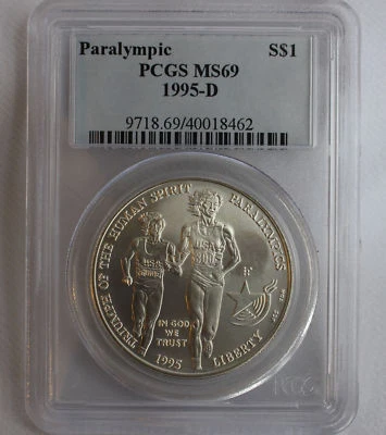 1995-D Blind Runner Paralympic BU Silver Dollar Coin Graded MS69 PCGS Certified - Image 1 of 4