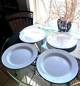 Pottery Barn Enamel Metal Plates Set/4 11 1/4 White Blue Speckles/Trim - Picture 1 of 5