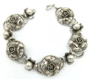 Bracciale Vintage Peruzzi Firenze Italia Argento 800 Catena Maglia Fiore Rosa 7 3/4" - Foto 1 di 7