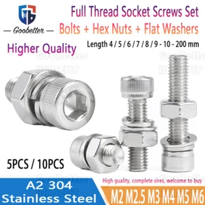 M2 - M6 Full Thread Hex Socket Screws Bolts Set Full Nuts Flat Washers SUS 304 - Picture 1 of 10