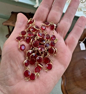 Estate Red Swarovski Open Back Round Red Crystals Gold Tone Setting 36 Inch Long - Picture 1 of 8