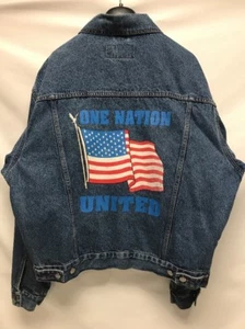 VTG 90s Wrangler Hero Jean Denim Jacket L “One Nation United” USA American Flag - Picture 1 of 10
