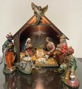 Presepe presepe vintage Giappone 12 pezzi dipinto a mano cartapesta illuminato set musicale - Foto 1 di 22