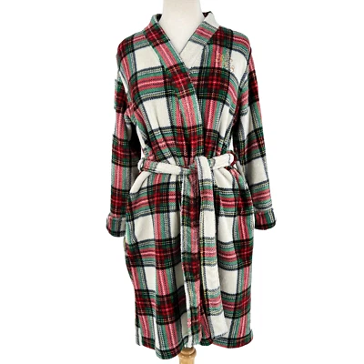 Ralph Lauren Robe Medium Plush Fleece Red Green Short Belted Pockets Christmas - Image 1 of 4