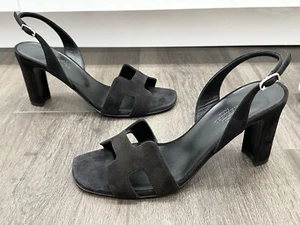1,3K $ HERMES ETERNITE 80 SANDALEN SCHWARZ WILDLEDER LEDER ABSATZ SLINGBACK SCHUHE 38 - Bild 1 von 18