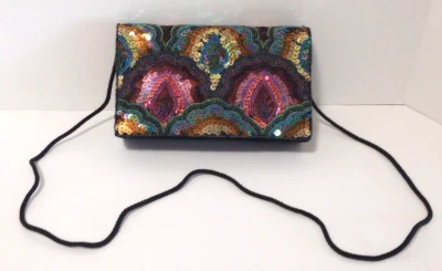 Vintage Black w Colorful Beaded Sequin Peacock Evening Bag Purse - Image 1 of 4
