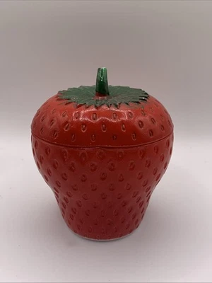 Vintage Hazel Atlas Strawberry Milk Glass Jam Jelly Jar w/ Lid Red Green 4" - Image 1 of 4