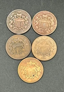 US Two Cent, Lot of 5- 1864 (2), 1865 (2), 1866 - Picture 1 of 3