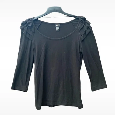 H&M Size M Black 3/4 sleeve top with ruffle shoulders - Image 1 of 4