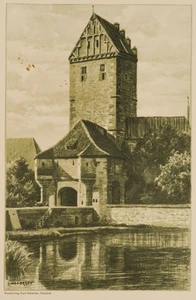 LINDEGREEN (siglo XX), Puerta de Rothenburger en Dinkelsbühl, Repro Realismus Architektu - Imagen 1 de 4