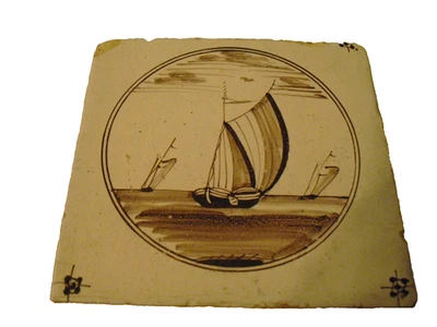 antike Wandkachel-13x13cm-Manganbemalung-17-18Jh.-Schiffe - Bild 1 von 2