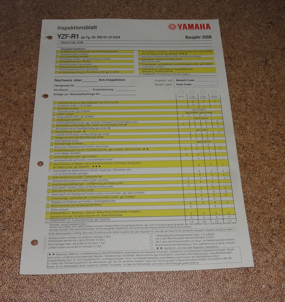 Inspektionsblatt Yamaha YZF- R1 Tipo RN191 Año 2008 - Imagen 1 de 1