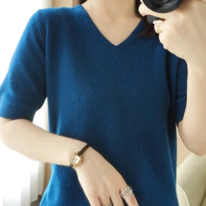 UK Lady Faux Cashmere Knitted Pullover Shirt Short Sleeve Sweater Bottoming Slim - Picture 1 of 8