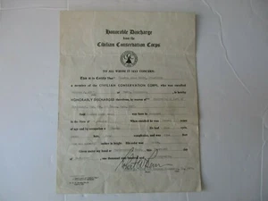 WWII Civilian Conservation Corps Honorable Discharge Certificate 1939 WW2 - Picture 1 of 8
