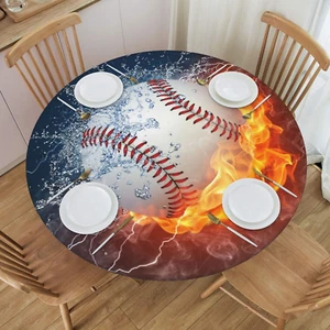 Baseball Ball in Fire and Water Tablecloth with Elastic Edge, round Table Cloth - Picture 1 of 9
