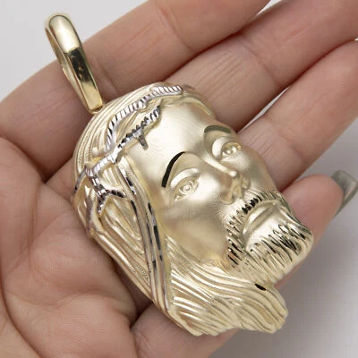 Pingente enorme 3" corte diamante rosto de Jesus cetim ouro branco amarelo 10K - Imagem 1 de 4