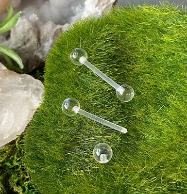PAIR Flexible Barbell Nipple or Tongue Rings PTFE Transparent Balls NO METAL - Image 1 of 2