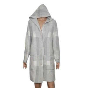 SOFT SURROUNDINGS Women's Size M Plaid Hooded Cardigan Coat Gray Snap Front Wool - Picture 1 of 11
