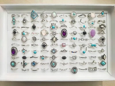 50pcs/Lot Bohemian Antique Silver Vintage Rings Mix Women Stone Retro Charms - Image 1 of 4