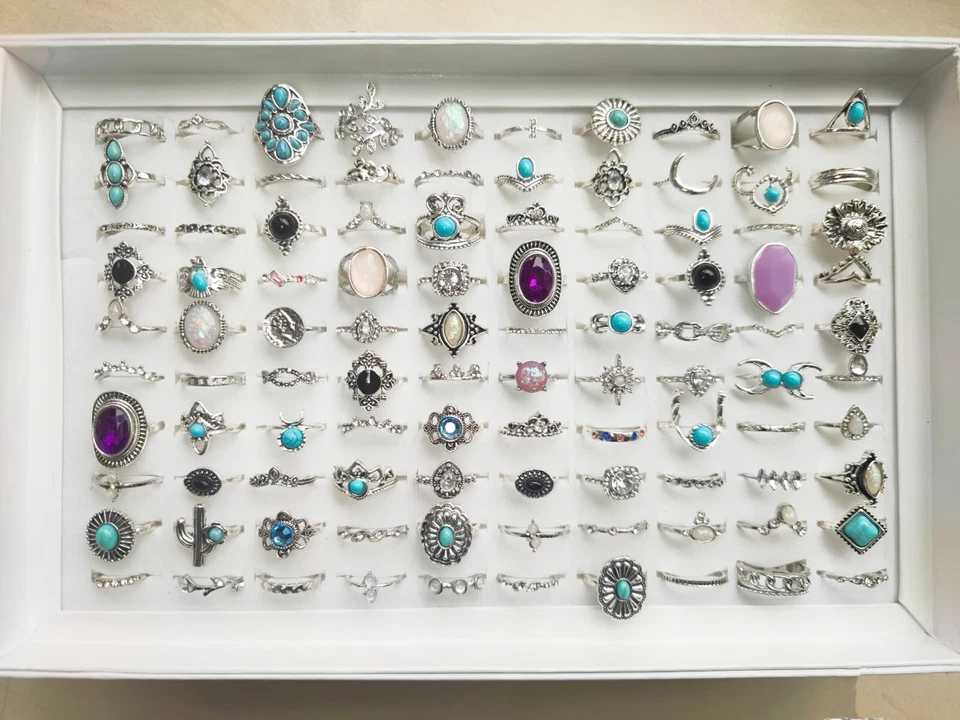 Lote de 50 anillos bohemios antiguos de plata vintage mezcla de mujeres piedra retro dijes Foto 1 de 4