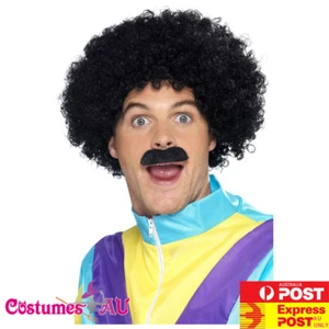 Mens 80s 1980s Scouser Set Liverpool Black Afro Curly Wig Tash Moustache Costume - Picture 1 of 2