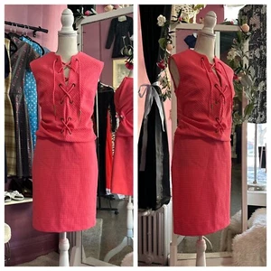 Vintage 60s 70s Corset Front Mini Dress Pink Sleeveless Mod GoGo Drop Waist L/XL - Picture 1 of 9
