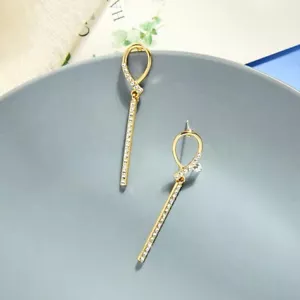 Womens Elegant Diamond Knot Bar 18K Gold Plated Stud Earrings S925 Silver Post - Picture 1 of 5