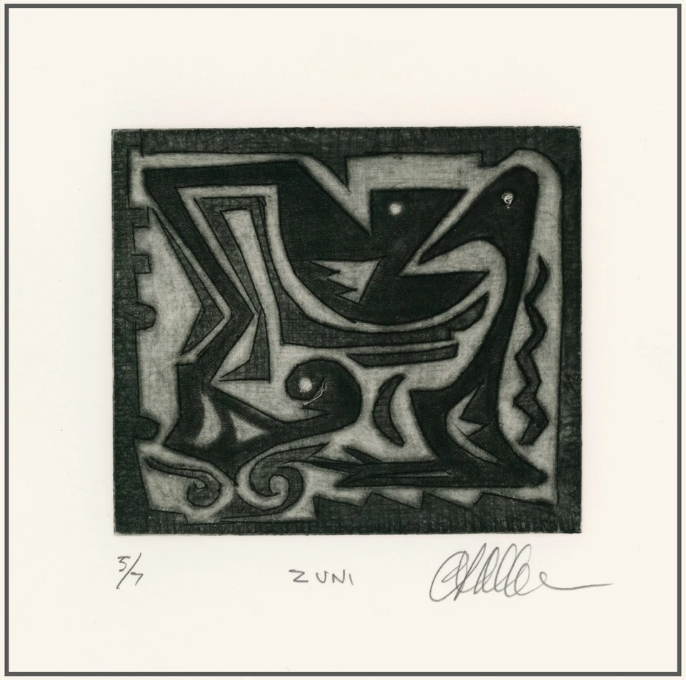 DISEÑO TRIBAL ZUNI; AVES DE LLUVIA Indios nativos americanos. MEZZOTINT original firmado Foto 1 de 1