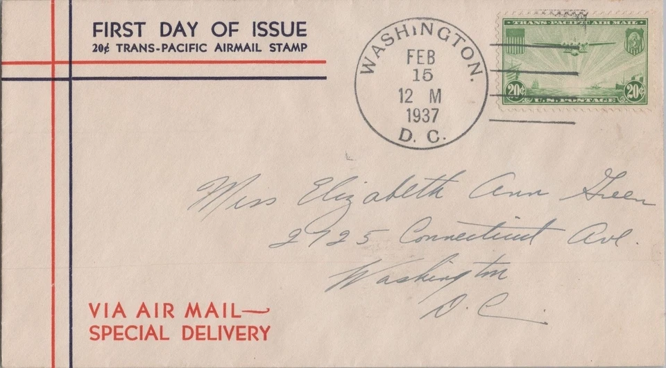 Air Mail FDC US C21-4a Washington Service cachet 20c imprint ZAYIX 062822SM10 - Image 1 of 2