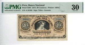 Peru Banco Nacional 20 Centavos Currency Banknote 1873 PMG 30 VF - Picture 1 of 4