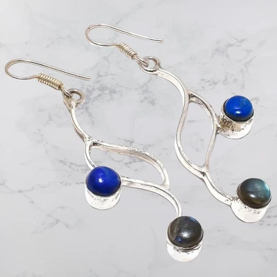 Pendiente de plata de ley 925 con piedras preciosas de lapislázuli natural de labradorita 2,6" f243 Foto 1 de 4