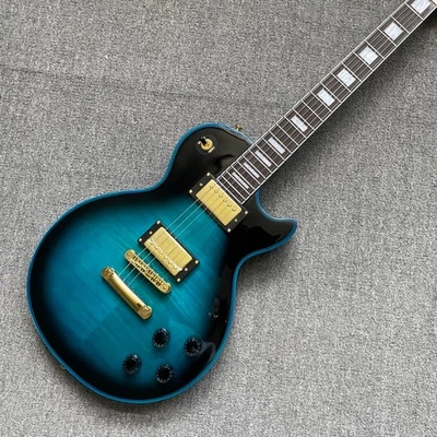custom electric guitar LP blue flamed maple bone nut HH pickups gold hardware - Image 1 of 4