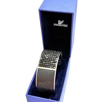 Armreif funkelnde Swarovski Kristalle schwarz + Leder schwarz Armspange 18 cm - Bild 1 von 4