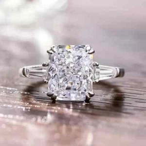 3 Ct Radiant Cut Moissanite Three Stone Engagement Ring 14k White Gold Plated - Picture 1 of 8