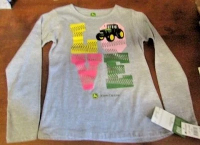 John Deere girl's T-shirt Gray w/graphics on front; 'L'ylw 'O'lt pk 'V'pk 'E'grn - Image 1 of 4