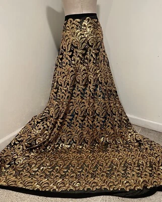 Gold Black  4way stretch sequins Embroidery Mesh Lace fabric 50” Width 1 Yard - Image 1 of 4