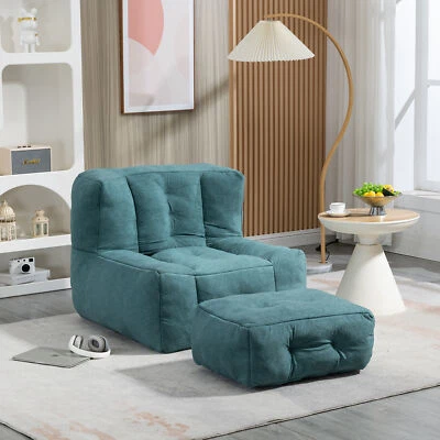 Green Velvet Bean Bag Chair Lazy Sofa Floor Sofa w-Ottoman for Living Room - Image 1 of 4