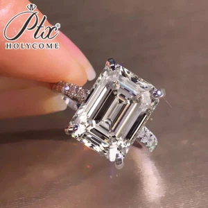 Customized-4 CT Emerald Cut Moissanite Engagement Ring Real 925 Sterling Silver - Picture 1 of 15