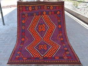 Alfombra tejida a mano afgana Maimana Área Kilim alfombra roja geométrica tribal vintage - Imagen 1 de 11
