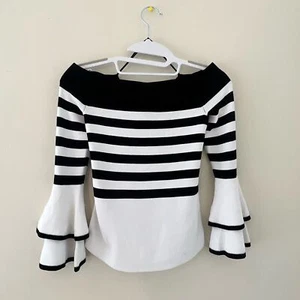 NWT Scripted Black and White Striped Bell Sleeve Sweater - Picture 1 of 8