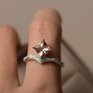 1.20 Ct Princess Real Morganitne &Diamond Engagement Ring 14K Solid White Gold - Picture 1 of 11