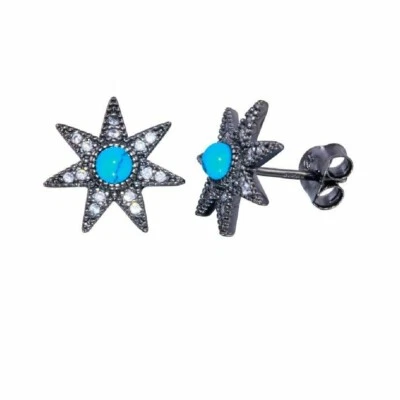 Sterling Silber Schneeflocken Stecker Ohrringe Mit Türkis Und Zirkonia Steinen - Bild 1 von 2