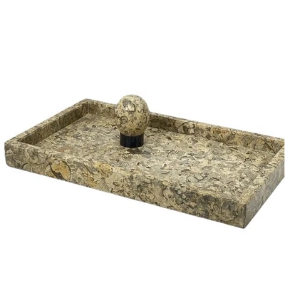 Fossil Stone Desk Tray Egg Paperweight Set Beige Fossilized Pakistan Stone Decor - Image 1 of 4