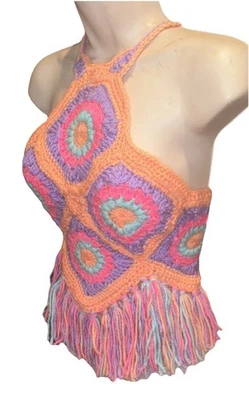 Top de colección tejido a mano abuela cuadrado ganchillo flecos ajustable corbata halter OS ÚNICO EN SU CLASE Foto 1 de 4