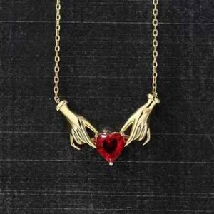 1Ct Heart Cut Lab-Created Red Garnet Heart Hand Pendant 14K Yellow Gold Plated - Picture 1 of 5