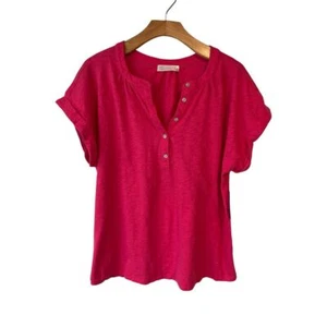 89th + Madison Henley Button-Up Top Women's Size L Fuchsia Short Sleeve Shirt - Picture 1 of 9