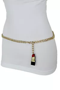 Damen Gold Metallkette Bund Sexy Gürtel Rot Lippenstift Anhänger Schnalle Xs S M - Bild 1 von 12