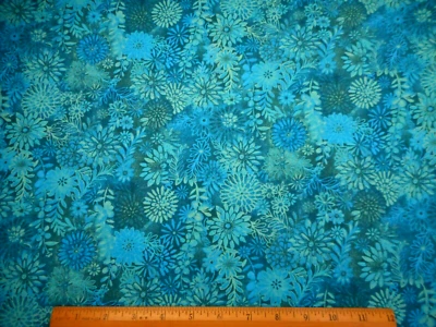 Quilt Fabric Short Yard Turquoise & Blue Floral on Dk Turquoise Cotton #C - Image 1 of 2