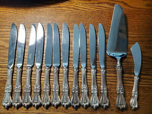 11 TOWLE OLD MASTER STERLING SILVER HANDLE DINNER KNIVES, BUTTER KNIFE, PIE CAKE
