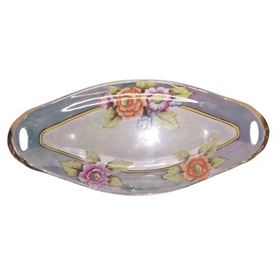 Vintage Japanese Floral Iridescent Candy Dish Trinket Tray with Handles - Image 1 of 3
